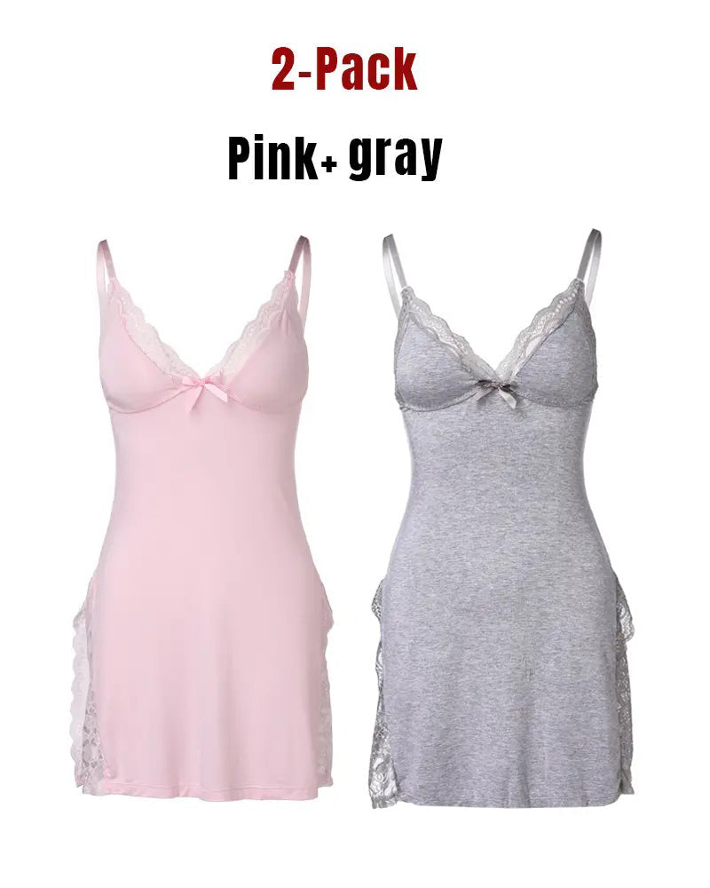 Women's Sxy Lace Side Slit Modal Suspender Nightdress