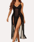 Sxy Suspenders See-Through Lace Mesh Long Slits With Panties Pajamas Set