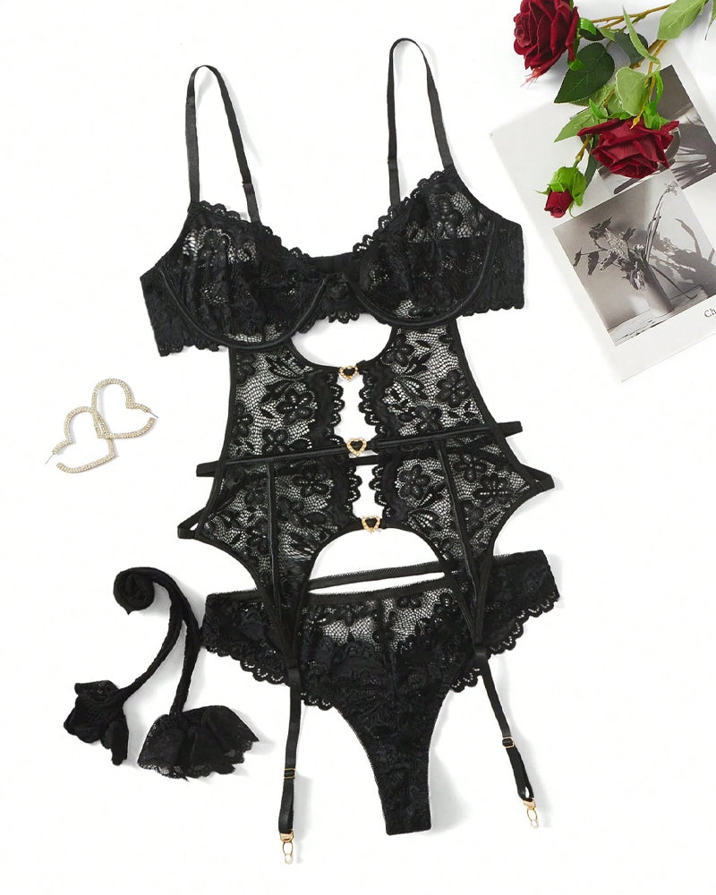 Women's Sxy Floral Lace Mesh Bodysuit with Garter Belt and Fishnet Stockings Set
