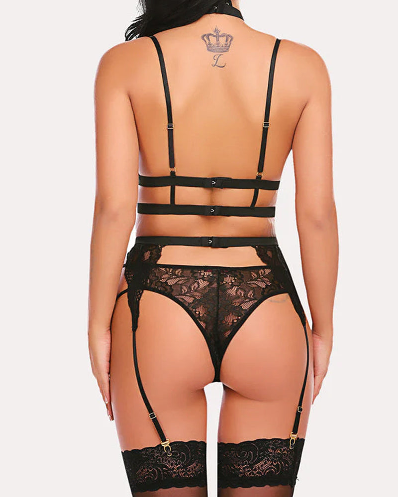 Sxy Lace Mesh Colorblock Suspender Bra and Garter Panty Set with Removable Choker