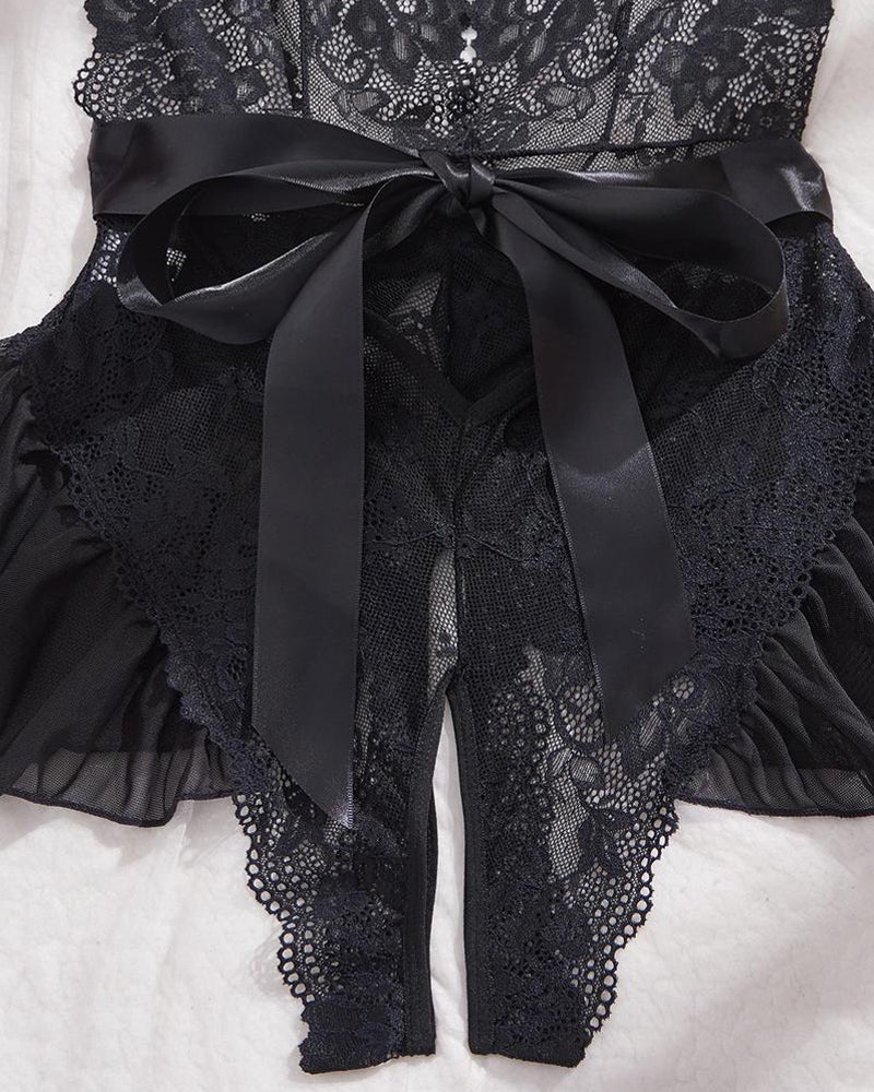 Women's Sxy Flower Lace Open Crotch Design Suspender Tight Backless Nightgown
