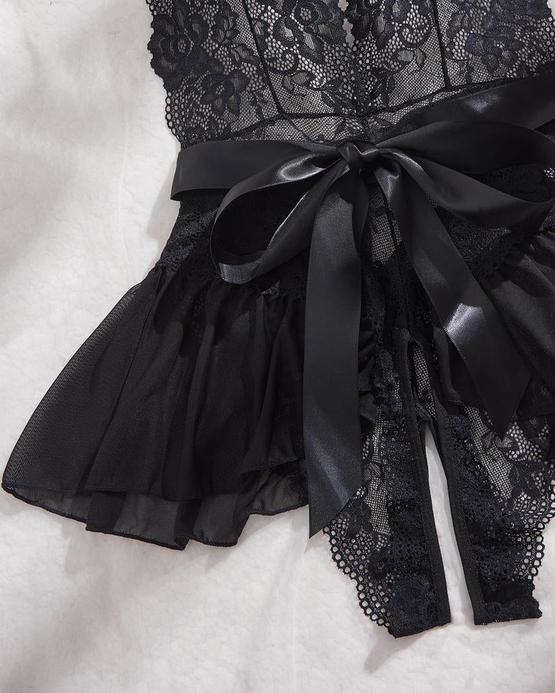 Women's Sxy Flower Lace Open Crotch Design Suspender Tight Backless Nightgown