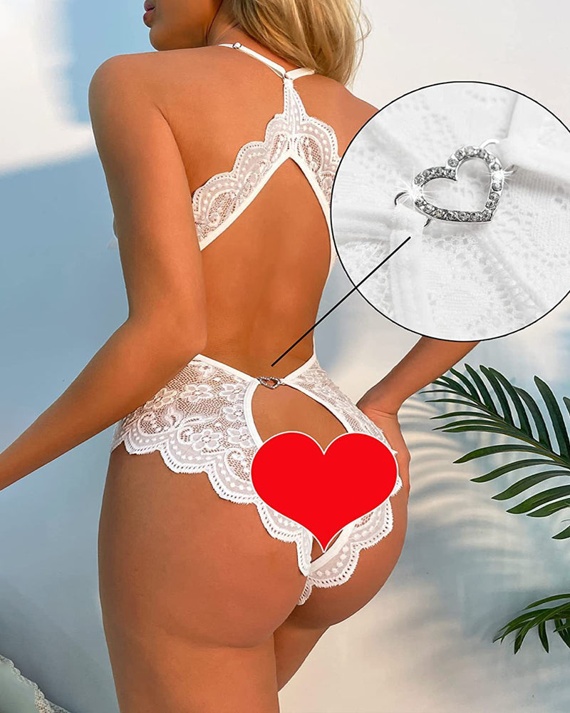 Deep V Sxy Lace Open Crotch Backless Heart Shaped Decoration One-Piece Pajamas