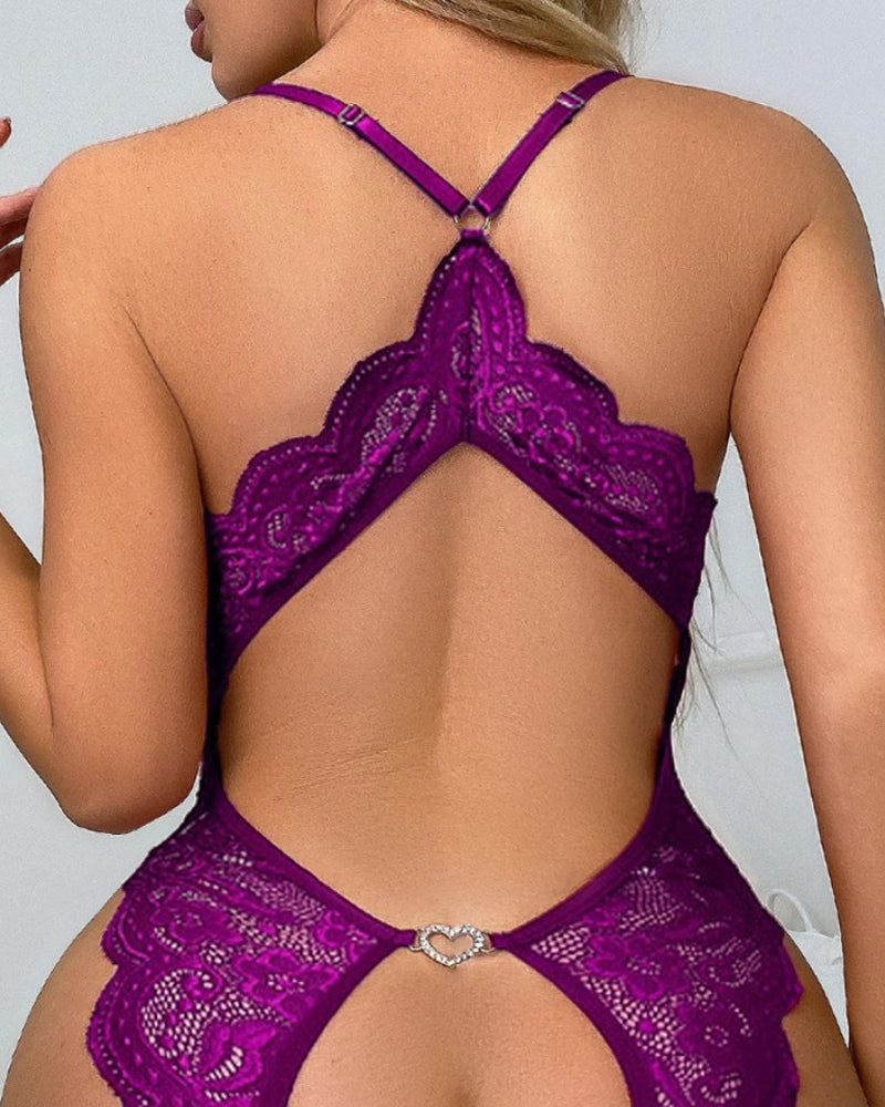 Deep V Sxy Lace Open Crotch Backless Heart Shaped Decoration One-Piece Pajamas