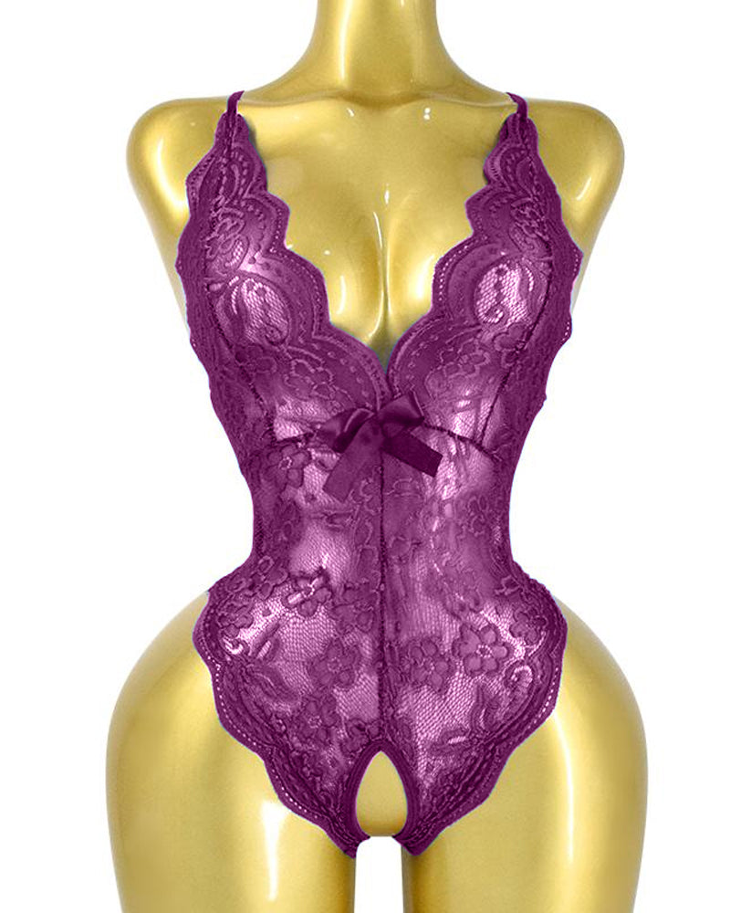 Deep V Sxy Translucent Floral Lace Cross-Back Open Crotch Design One-Piece Pajamas