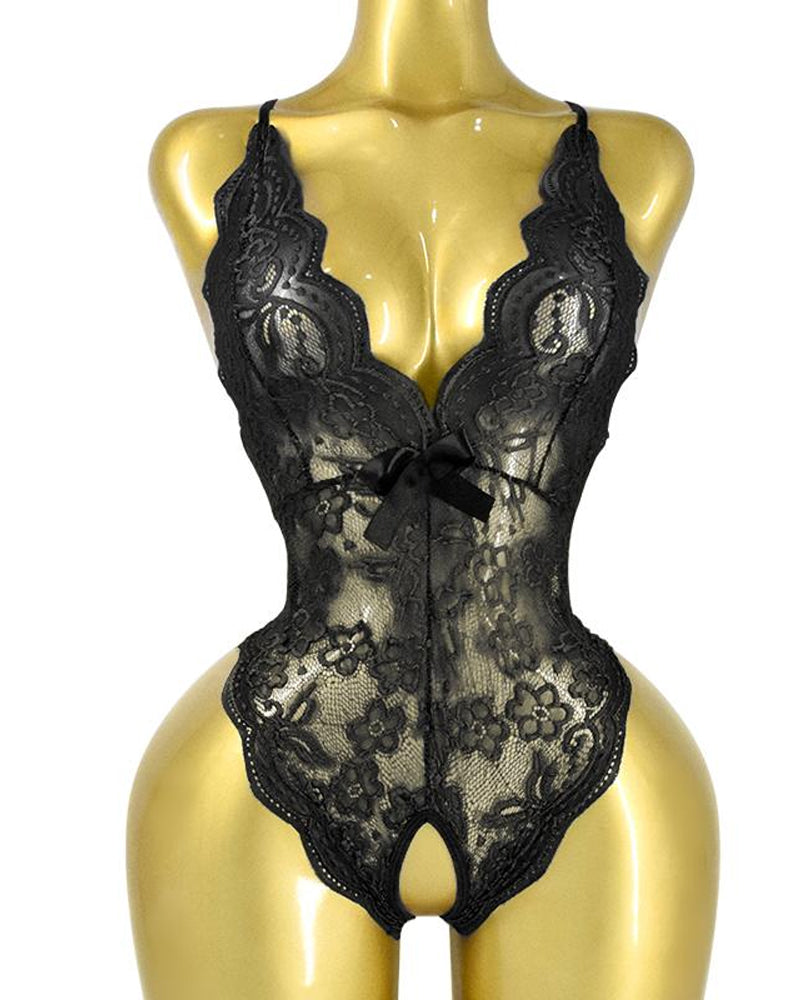 Deep V Sxy Translucent Floral Lace Cross-Back Open Crotch Design One-Piece Pajamas