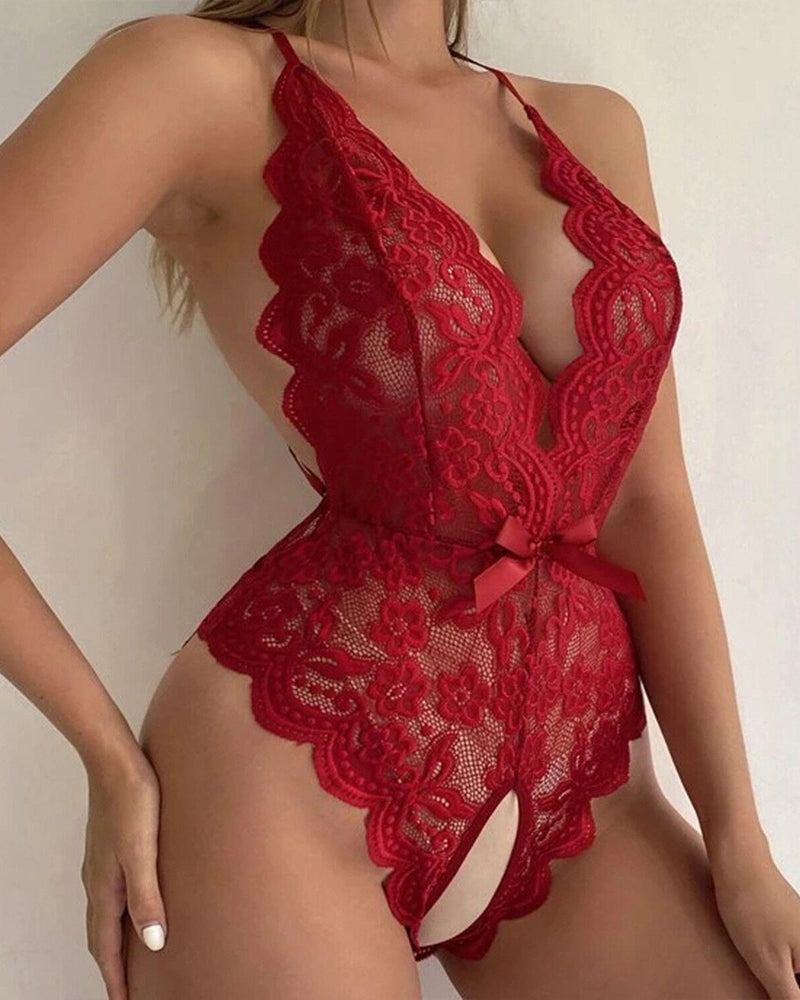 Deep V Sxy Translucent Floral Lace Cross-Back Open Crotch Design One-Piece Pajamas