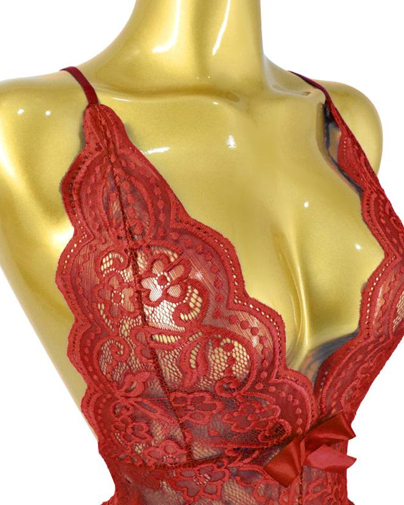 Deep V Sxy Translucent Floral Lace Cross-Back Open Crotch Design One-Piece Pajamas