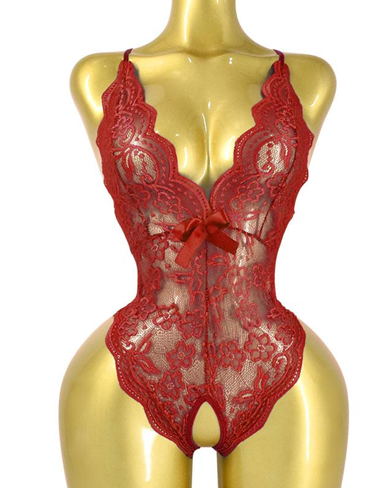 Deep V Sxy Translucent Floral Lace Cross-Back Open Crotch Design One-Piece Pajamas