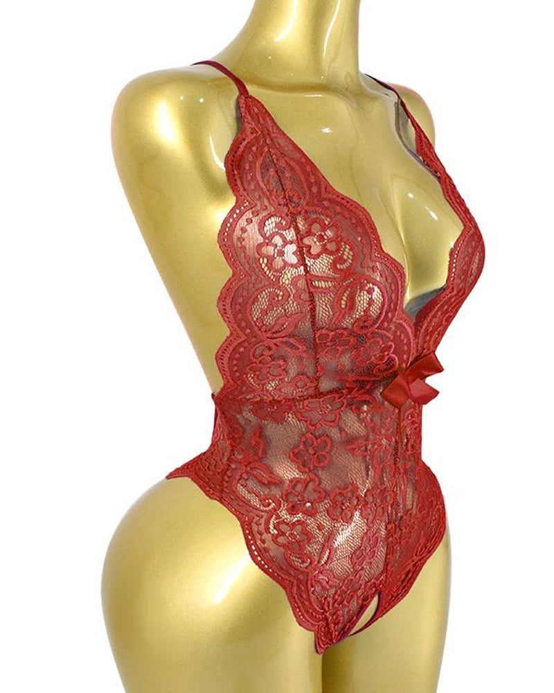 Deep V Sxy Translucent Floral Lace Cross-Back Open Crotch Design One-Piece Pajamas