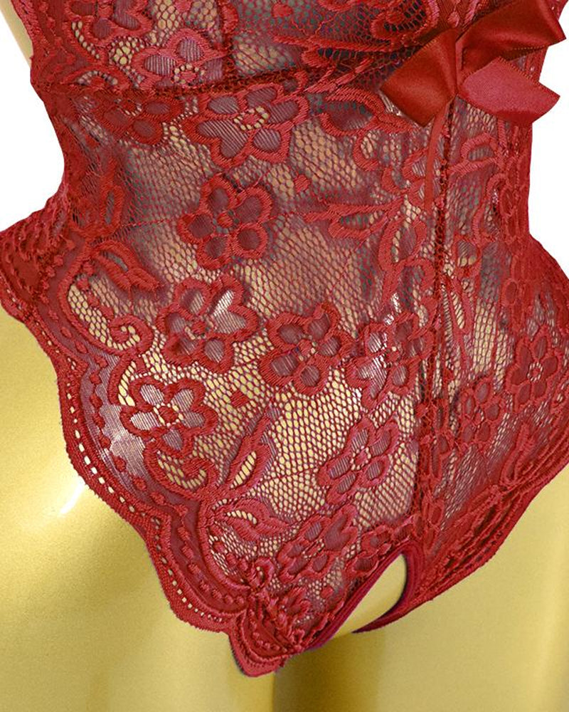 Deep V Sxy Translucent Floral Lace Cross-Back Open Crotch Design One-Piece Pajamas
