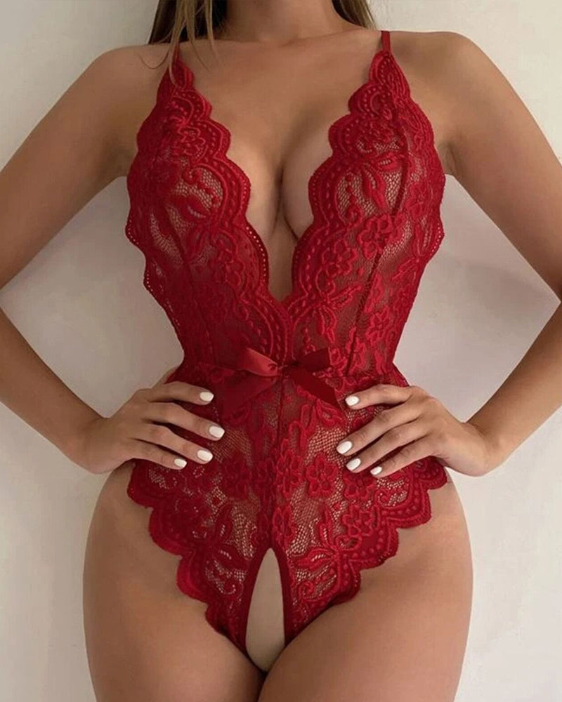 Deep V Sxy Translucent Floral Lace Cross-Back Open Crotch Design One-Piece Pajamas
