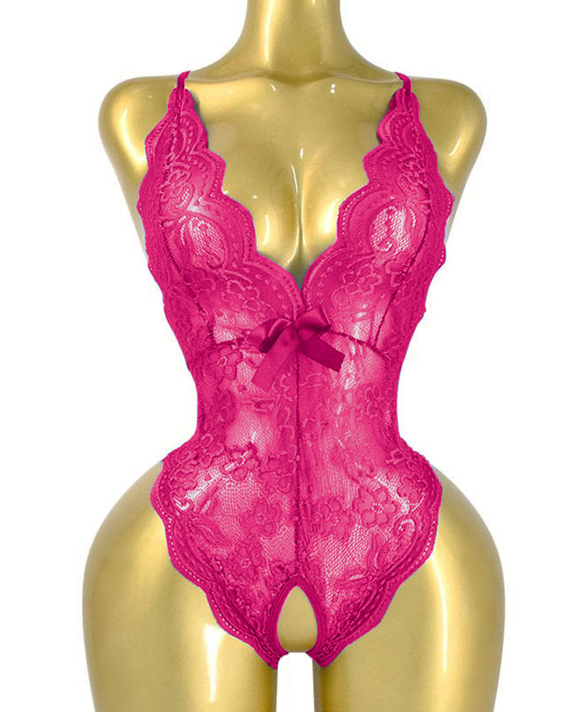 Deep V Sxy Translucent Floral Lace Cross-Back Open Crotch Design One-Piece Pajamas