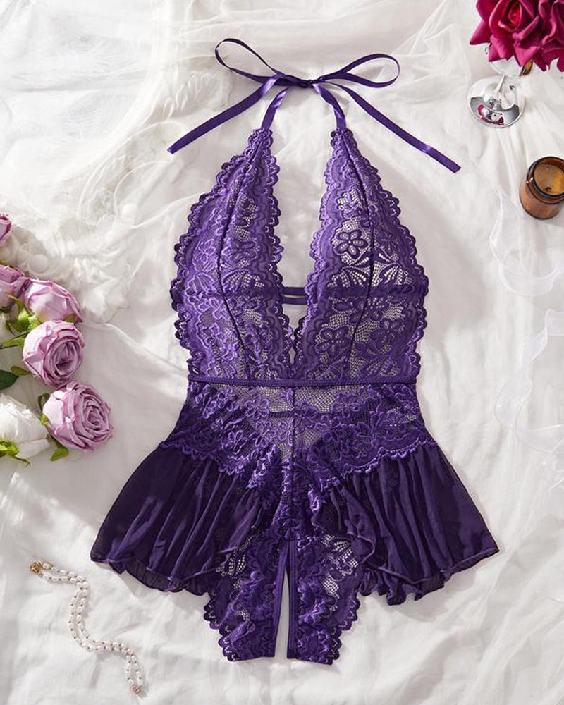 Sxy Hollow Lace See-through Suspenders Open Crotch One-piece Pajamas