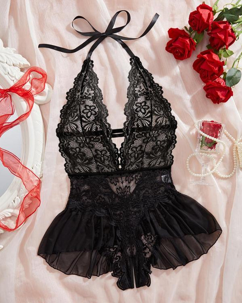 Sxy Hollow Lace See-through Suspenders Open Crotch One-piece Pajamas