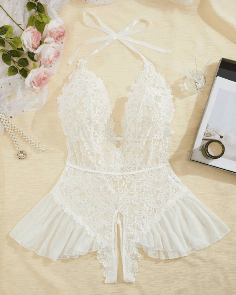 Sxy Hollow Lace See-through Suspenders Open Crotch One-piece Pajamas