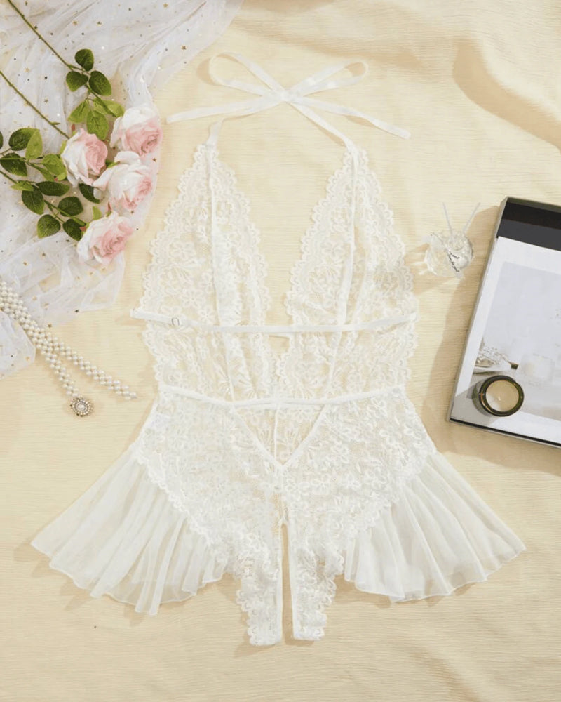 Sxy Hollow Lace See-through Suspenders Open Crotch One-piece Pajamas
