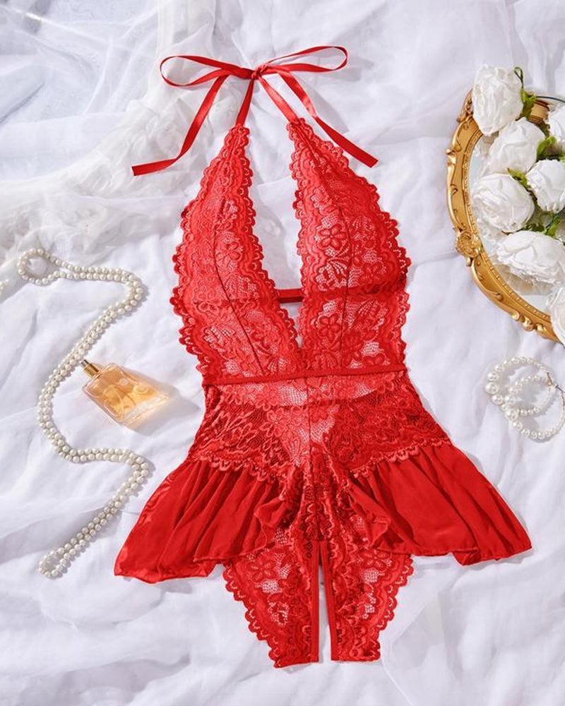Sxy Hollow Lace See-through Suspenders Open Crotch One-piece Pajamas