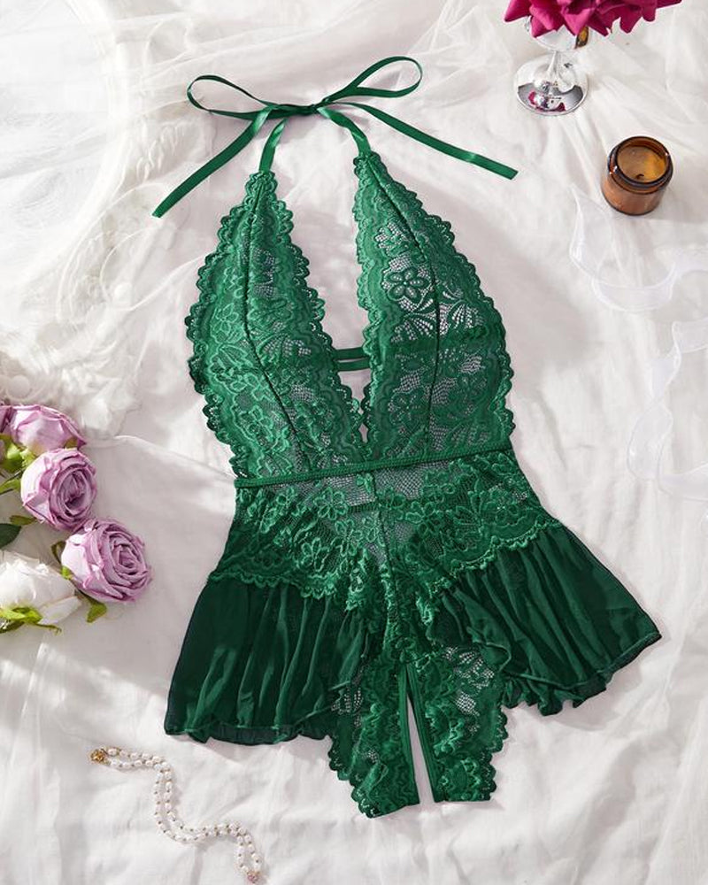 Sxy Hollow Lace See-through Suspenders Open Crotch One-piece Pajamas