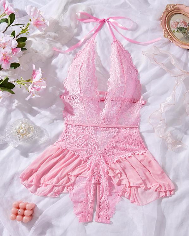 Sxy Hollow Lace See-through Suspenders Open Crotch One-piece Pajamas