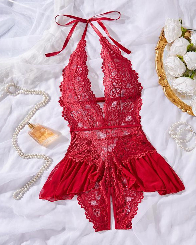 Sxy Hollow Lace See-through Suspenders Open Crotch One-piece Pajamas