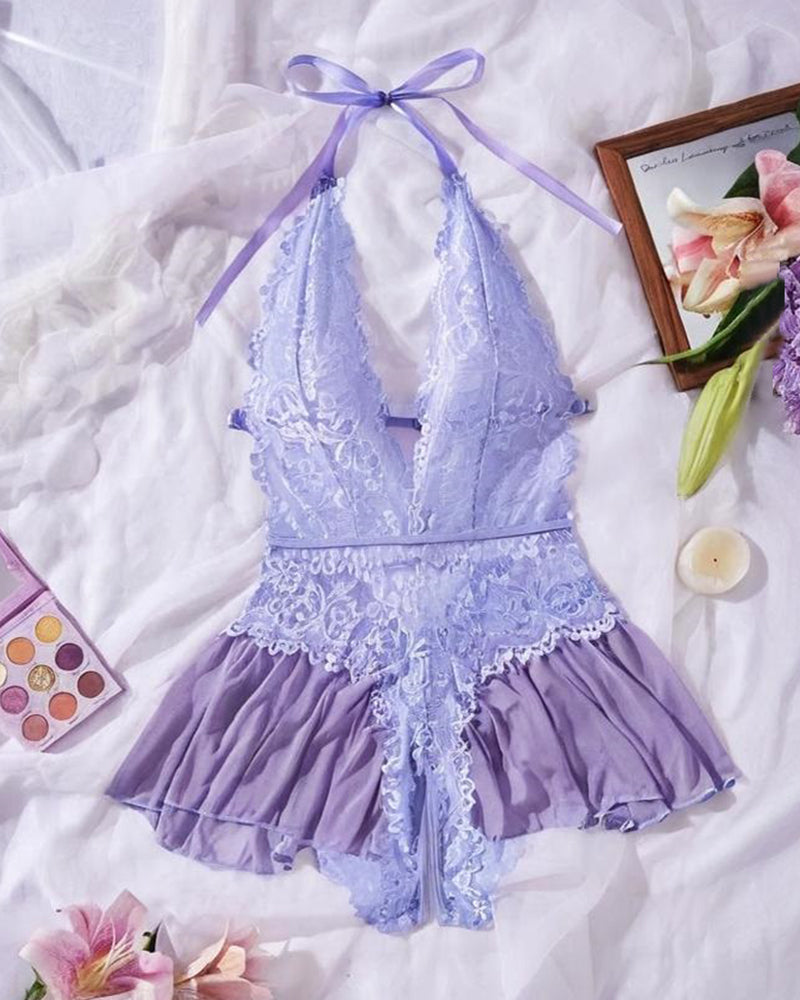 Sxy Hollow Lace See-through Suspenders Open Crotch One-piece Pajamas