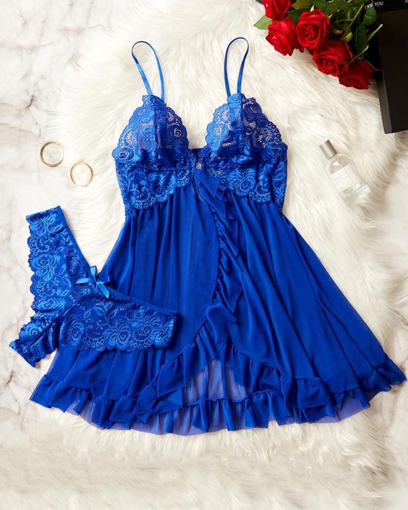 Women's Lace Sxy Ruffle Suspender Nightdress and Panty Set