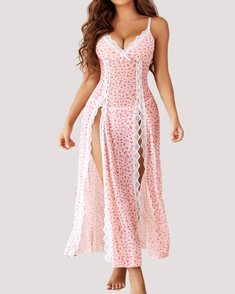 Sxy Suspenders See-Through Lace Mesh Long Slits With Panties Pajamas Set