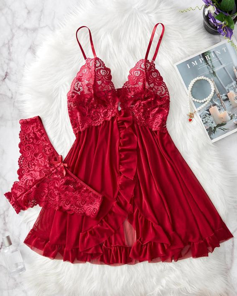 Women's Lace Sxy Ruffle Suspender Nightdress and Panty Set