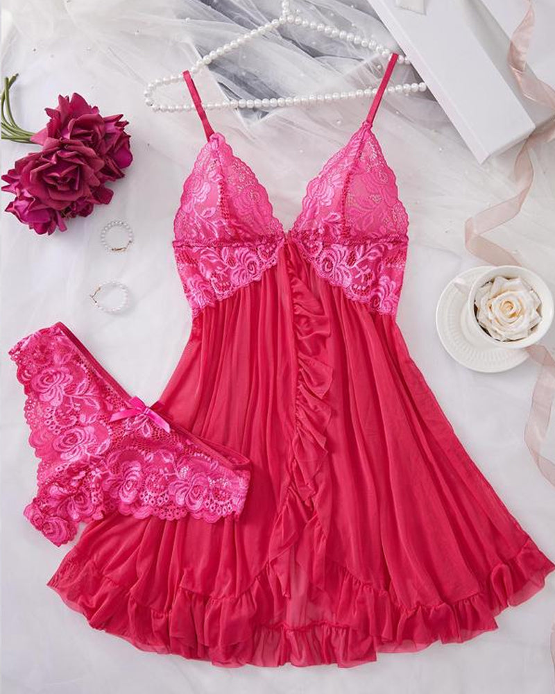 Women's Lace Sxy Ruffle Suspender Nightdress and Panty Set