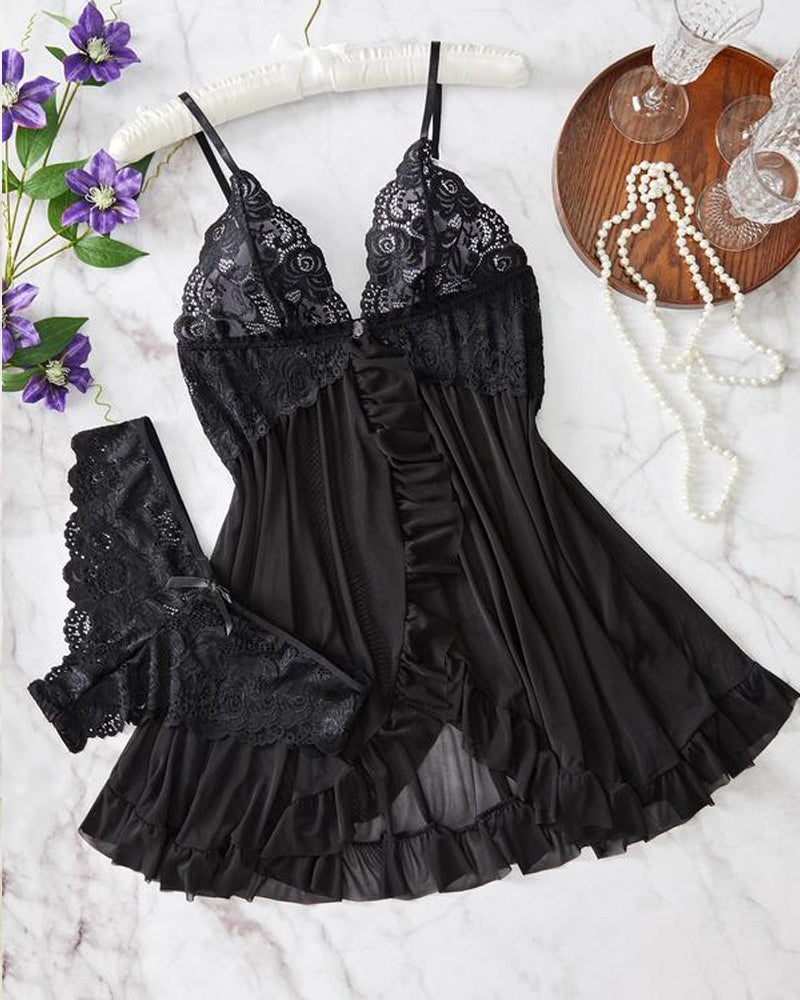 Women's Lace Sxy Ruffle Suspender Nightdress and Panty Set