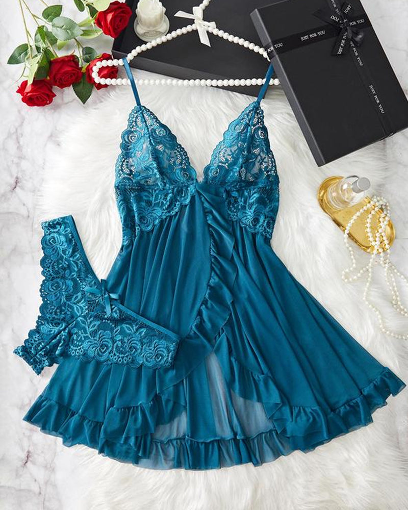Women's Lace Sxy Ruffle Suspender Nightdress and Panty Set