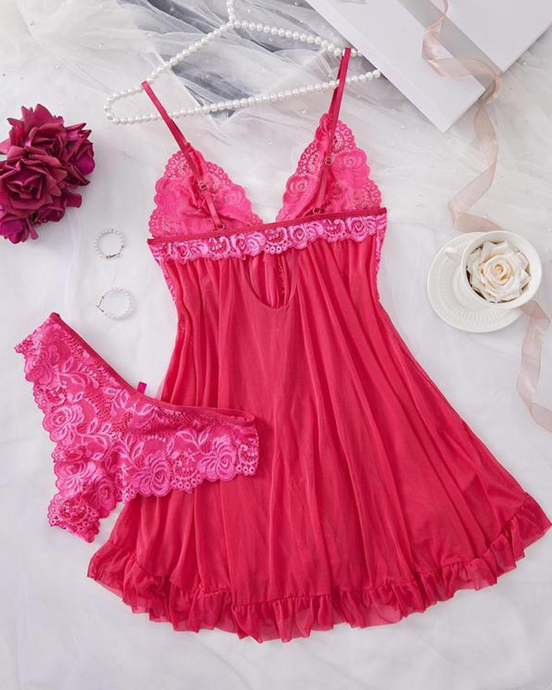 Women's Lace Sxy Ruffle Suspender Nightdress and Panty Set
