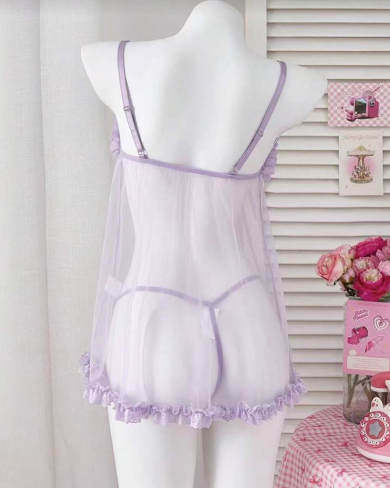 Sxy Lace Mesh See-through Slip Dress Lingerie Set