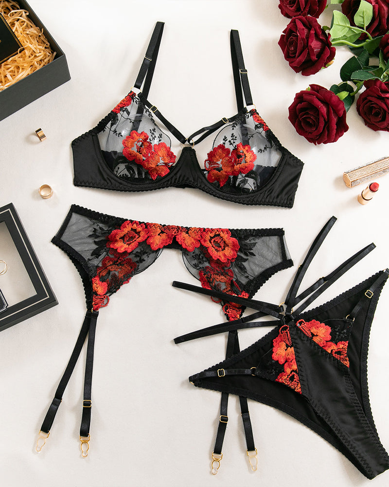 Sxy Floral Embroidered Sheer Mesh Lingerie Set