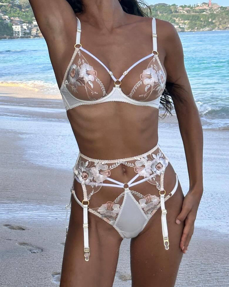 Sxy Floral Embroidered Sheer Mesh Lingerie Set